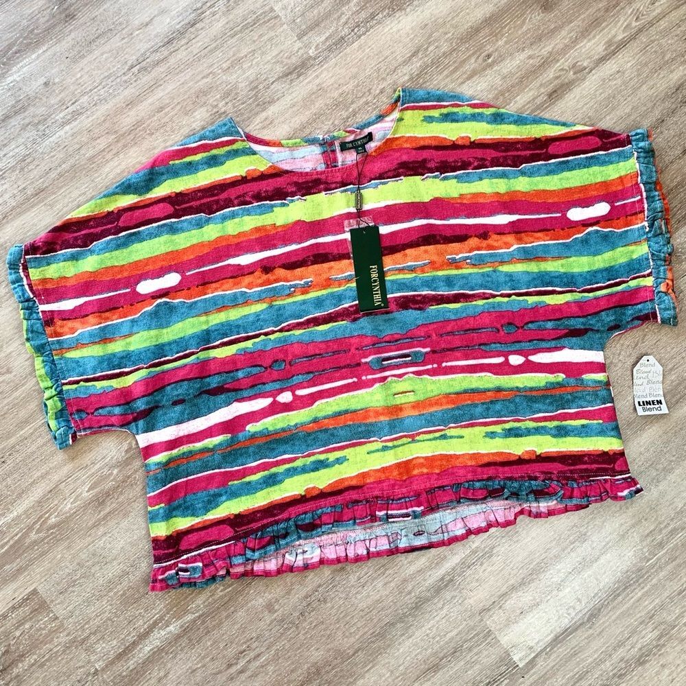 For Cynthia Linen Blend Colorful Watercolor Short Sleeve Top NWT Size XL